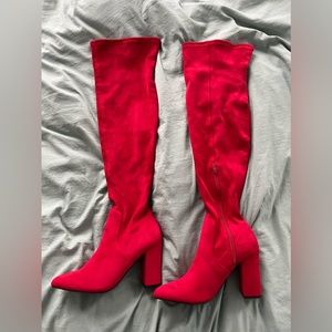 Red micro suede thigh high boots, never worn